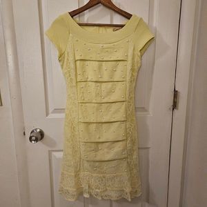 Lulu's Collection Yellow Lace & Pearl Fitted Dress Petite Knee Length